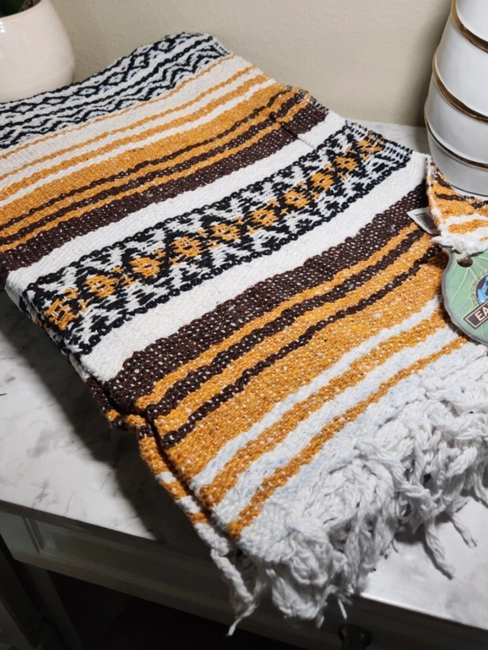 Handwoven Striped Throw Blanket in Mustard, Brown & White by